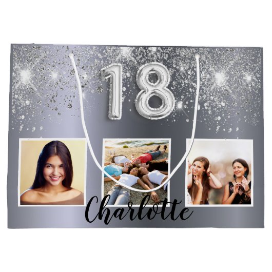 18e verjaardag zilveren glitter foto naam groot cadeauzakje (Achterkant)