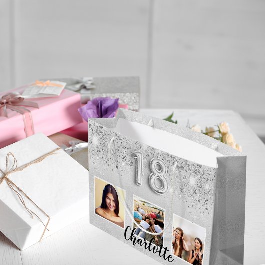 18e verjaardag zilveren glitter foto naam groot cadeauzakje
