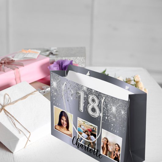 18e verjaardag zilveren glitter foto naam groot cadeauzakje