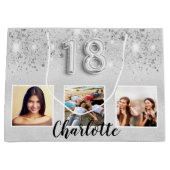 18e verjaardag zilveren glitter foto naam groot cadeauzakje (Voorkant)