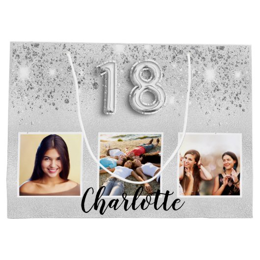 18e verjaardag zilveren glitter foto naam groot cadeauzakje (Achterkant)