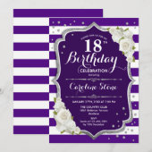 18e verjaardag - zilveren Paarse witte strepen Roz Kaart (Voorkant / Achterkant)