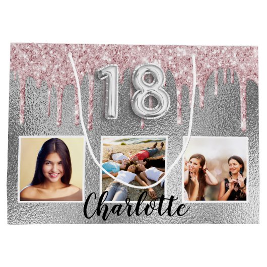 18e verjaardag zilveren roze glitter druppels foto groot cadeauzakje (Achterkant)