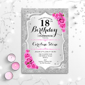 18e verjaardag - Zilveren strepen roze rozen Kaart