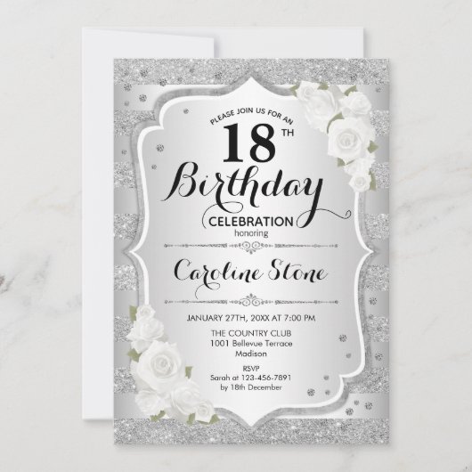 18e verjaardag - Zilveren strepen witte rozen Kaart (Voorkant)