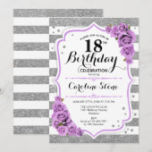 18e verjaardag - zilveren witte strepen Paarse Roz Kaart (Voorkant / Achterkant)
