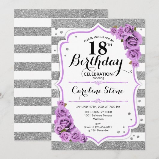 18e verjaardag - zilveren witte strepen Paarse Roz Kaart (Voorkant / Achterkant)