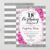 18e verjaardag - zilveren witte strepen roze rozen kaart (Voorkant / Achterkant)