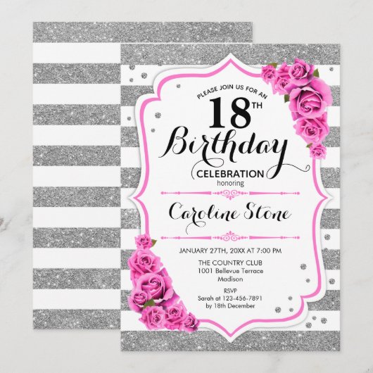 18e verjaardag - zilveren witte strepen roze rozen kaart (Voorkant / Achterkant)
