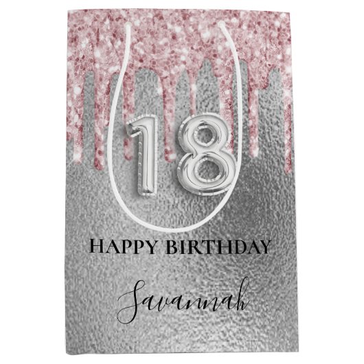 18e verjaardag zilverglitter druppelt roze monogra medium cadeauzakje (Voorkant)