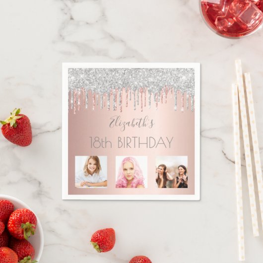 18e verjaardag zilverglitter roos gouden foto servet (Insitu)