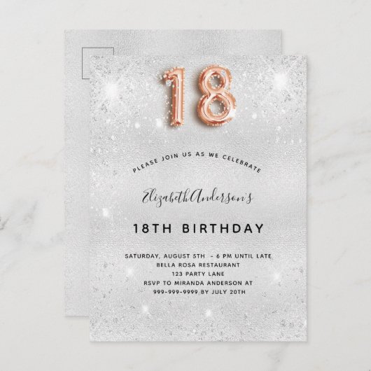 18e verjaardag zilvermetaal roos goud glitter stof uitnodiging briefkaart (Voorkant / Achterkant)