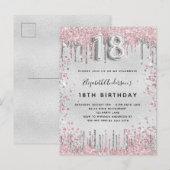 18e verjaardag zilverroze metalen glitterstof uitnodiging briefkaart (Voorkant / Achterkant)