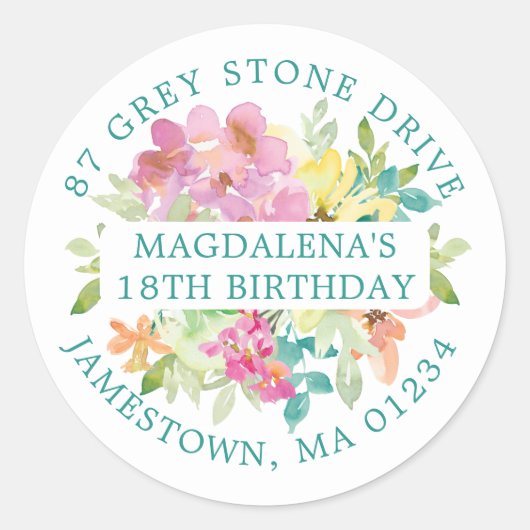 18e verjaardag zomer bloemen retour adres label (Voorkant)