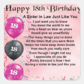 18e verjaardag - zuster in Law Poem Vierkante Sticker (Voorkant)