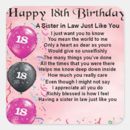 18e verjaardag - zuster in Law Poem Vierkante Sticker