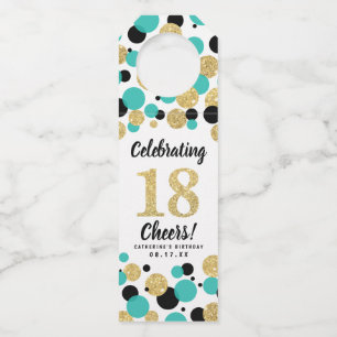 18e Verjaardag Zwart Blauwgroen Goud Glitter Confe Flessenhanger