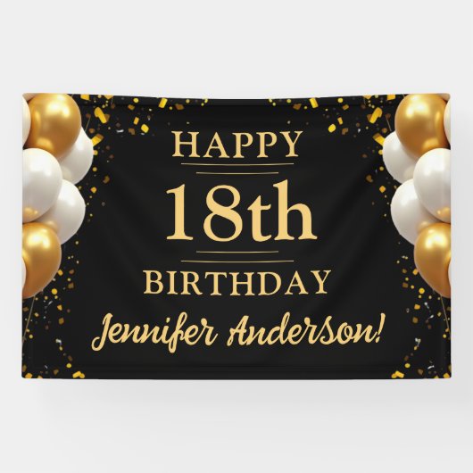 18e verjaardag zwart en goud spandoek (Horizontaal)