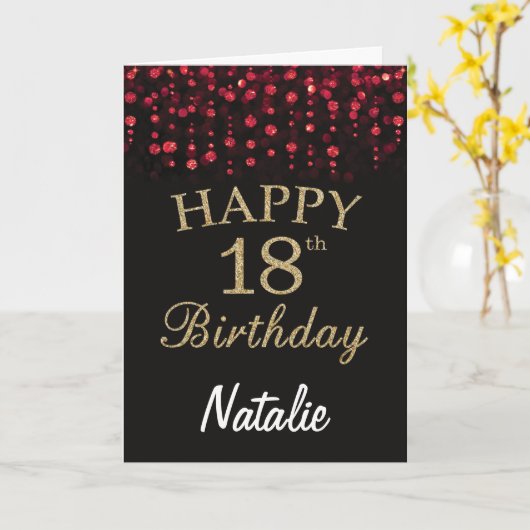18e Verjaardag Zwart en Rood Goud Glitter Kaart (Gele Bloem)