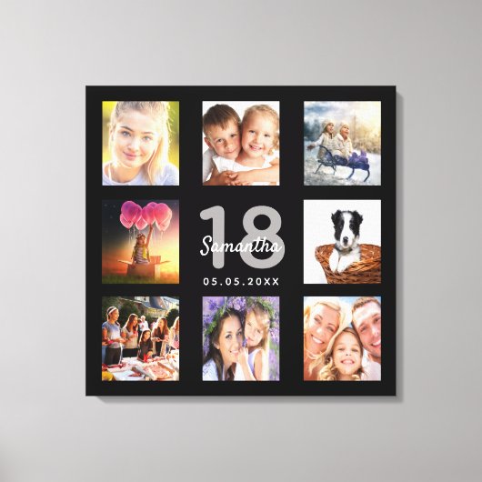 18e verjaardag zwart foto collage naam canvas afdruk (Voorkant)