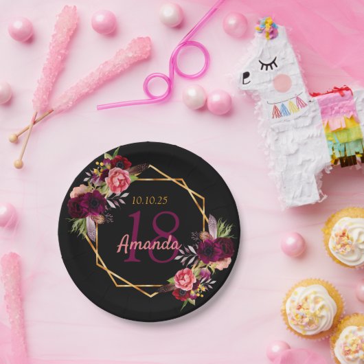18e verjaardag zwart goud geo bloemenbordeaux papieren bordje (Feest)