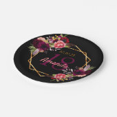 18e verjaardag zwart goud geo bloemenbordeaux papieren bordje (Gekanteld)