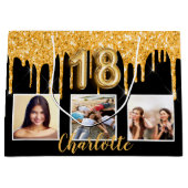 18e verjaardag zwart goud glitter druppelt foto groot cadeauzakje (Voorkant)