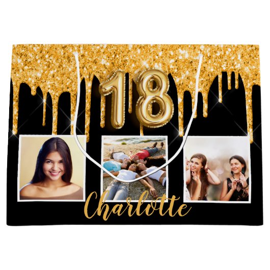 18e verjaardag zwart goud glitter druppelt foto groot cadeauzakje (Voorkant)