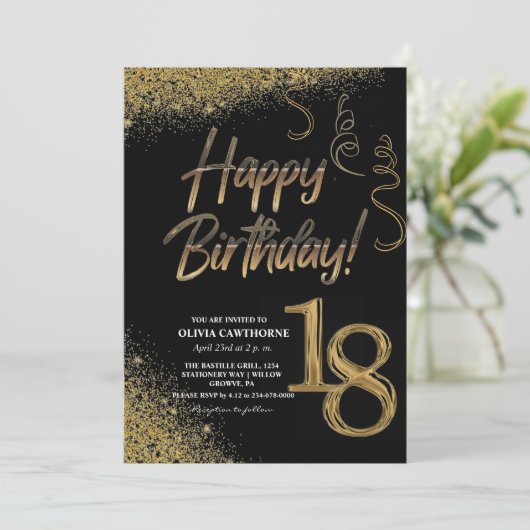 18e verjaardag Zwart & Goud Glitter Modern Kaart (Staand voorkant)
