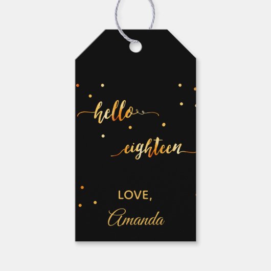18e verjaardag zwart goud hallo 18 typografische n cadeaulabel (Voorkant)