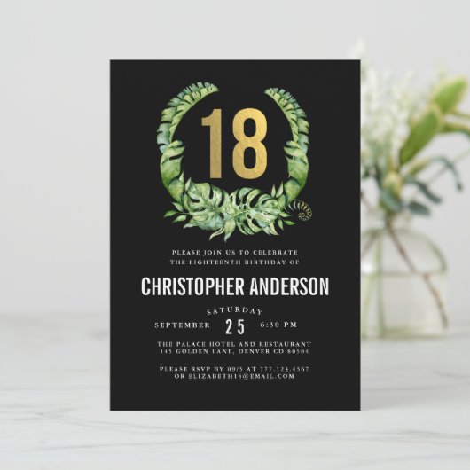 18e verjaardag zwart goud jongens kaart (Staand voorkant)