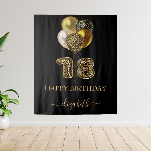 18e verjaardag zwart goud luipaard naam script wandkleed