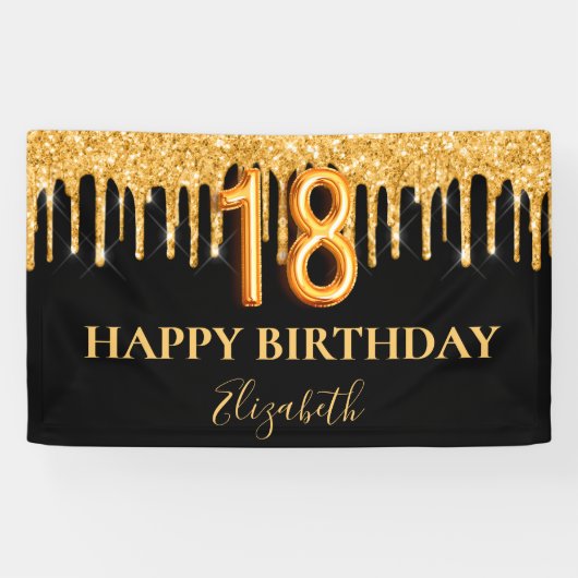 18e verjaardag zwart goud welkom spandoek (Horizontaal)