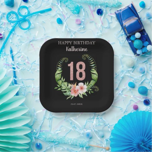 18e Verjaardag zwart roos gouden glitter bloemig Papieren Bordje (Feest)