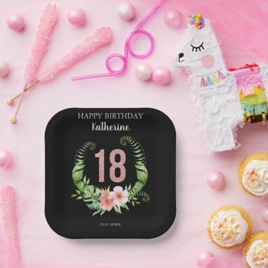 18e Verjaardag zwart roos gouden glitter bloemig Papieren Bordje (Feest)