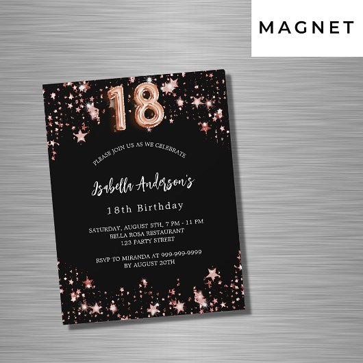 18e verjaardag zwart roos gouden sterren luxe magnetische uitnodiging