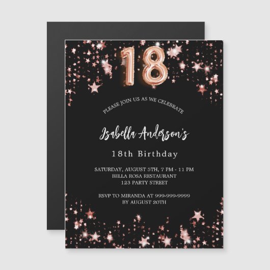 18e verjaardag zwart roos gouden sterren luxe magnetische uitnodiging (Voorkant / Achterkant)
