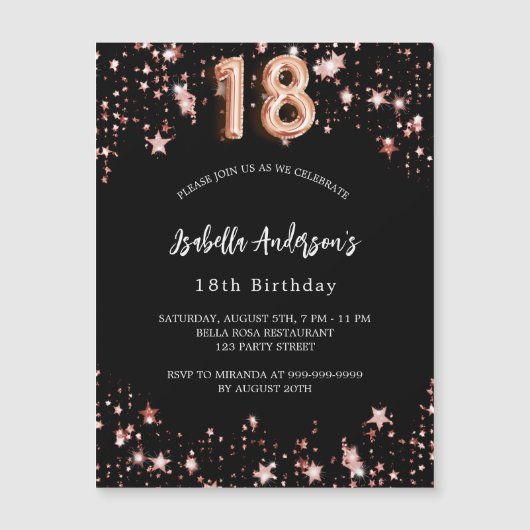 18e verjaardag zwart roos gouden sterren luxe magnetische uitnodiging (Voorkant)