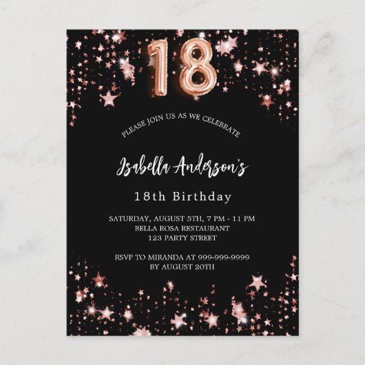 18e verjaardag zwart roos gouden sterren uitnodiging briefkaart (Voorkant)