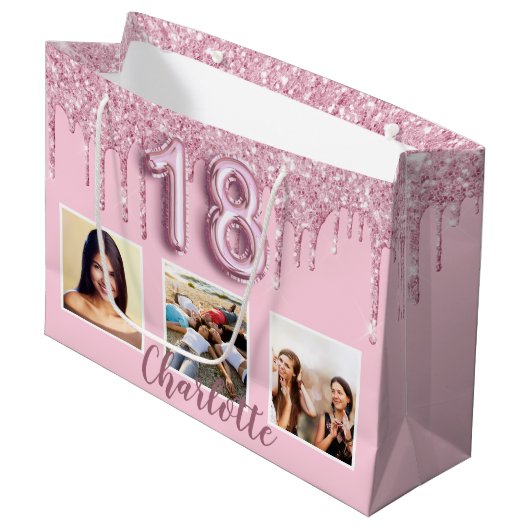 18e verjaardag zwart roze glitter druppelt foto na groot cadeauzakje (Voorkant Gekanteld)