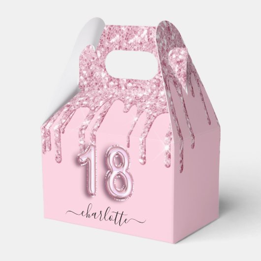 18e verjaardag zwart roze glitter druppelt je op bedankdoosjes (Voorkant Zijde)