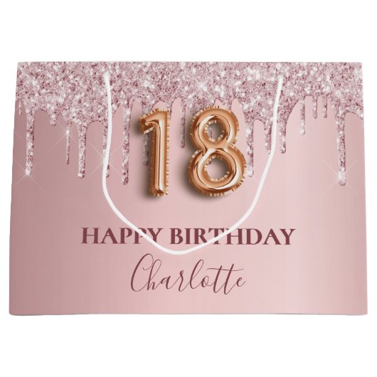 18e verjaardag zwart roze glitter druppelt monogra groot cadeauzakje (Voorkant)