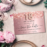 18e verjaardag zwart roze glitter sparkles save the date<br><div class="desc">Een meisje en trendy sparen de Datum voor een 18e verjaardagsfeestje. Blush roze gradiëntachtergrond versierd met roos faux glitter stof. Pas een datum en een naam/tekst aan en voeg deze toe. De tekst: Sparen de Datum wordt geschreven met een groot trendy hand lettered stijlmanuscript met swashes. Aantal 18 met een...</div>