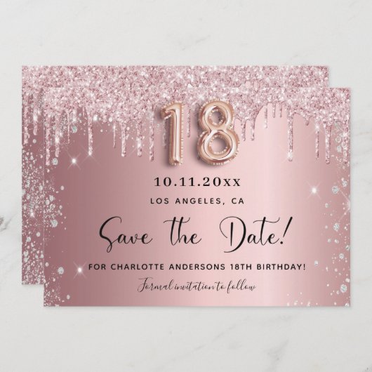 18e verjaardag zwart roze zilver met de datum save the date (Voorkant / Achterkant)
