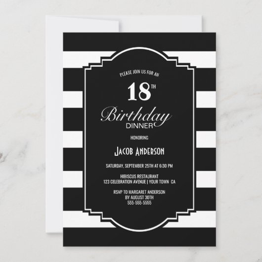 18e verjaardag zwart-wit gestreept diner kaart (Voorkant)