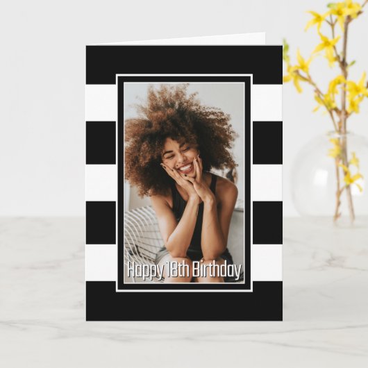 18e verjaardag zwart wit gestreept kaart (Gele Bloem)