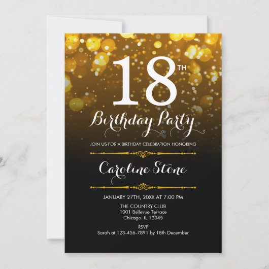 18e verjaardag - Zwart Wit Goud Kaart (Voorkant)