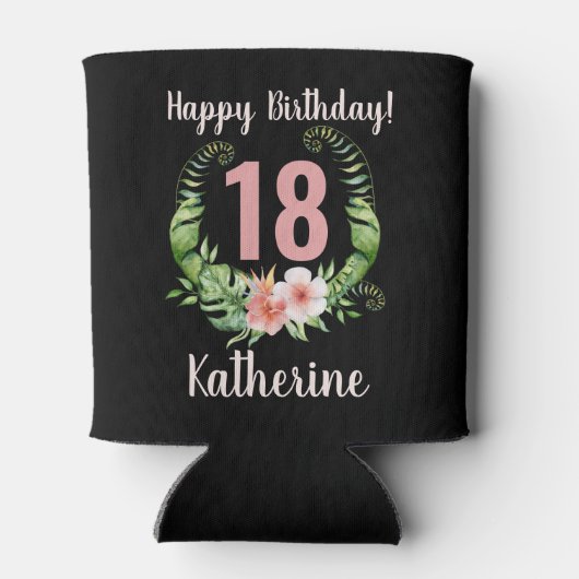 18e verjaardag zwarte bloem blikjeskoeler (Achterkant)