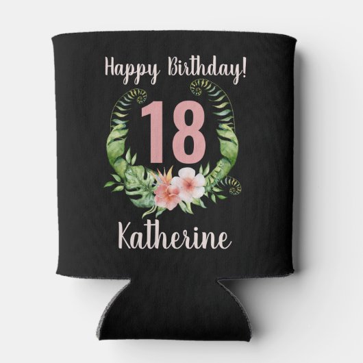 18e verjaardag zwarte bloem blikjeskoeler (Achterkant)