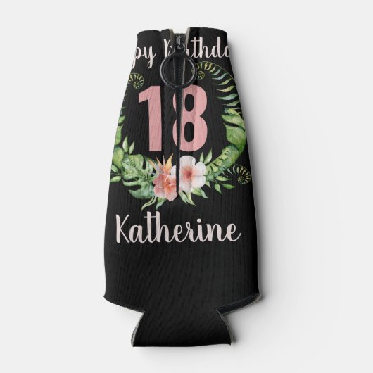 18e verjaardag zwarte bloem flesjeskoeler (Achterkant)